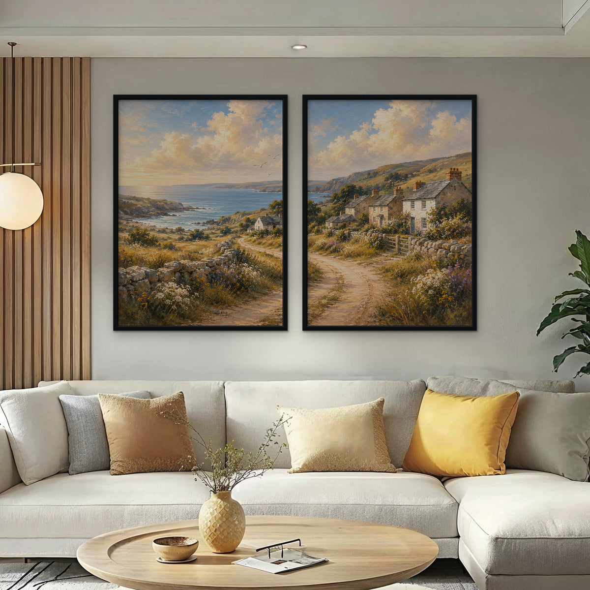 Seaside Cottage Lane Canvas Art – set of 2 vertical coastal village landscape prints in a black floating frame in a bright living room