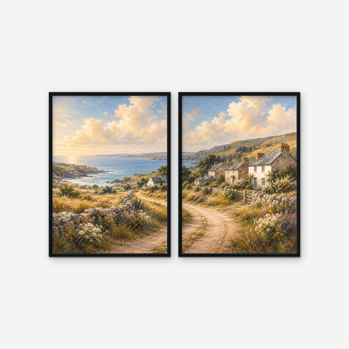 Seaside Cottage Lane Canvas Art – set of 2 vertical coastal village landscape prints in a black floating frame on a white background