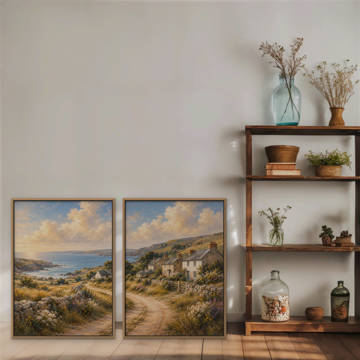 Seaside Cottage Lane Canvas Art – set of 2 vertical coastal village landscape prints in an oak floating frame styled on a shelf