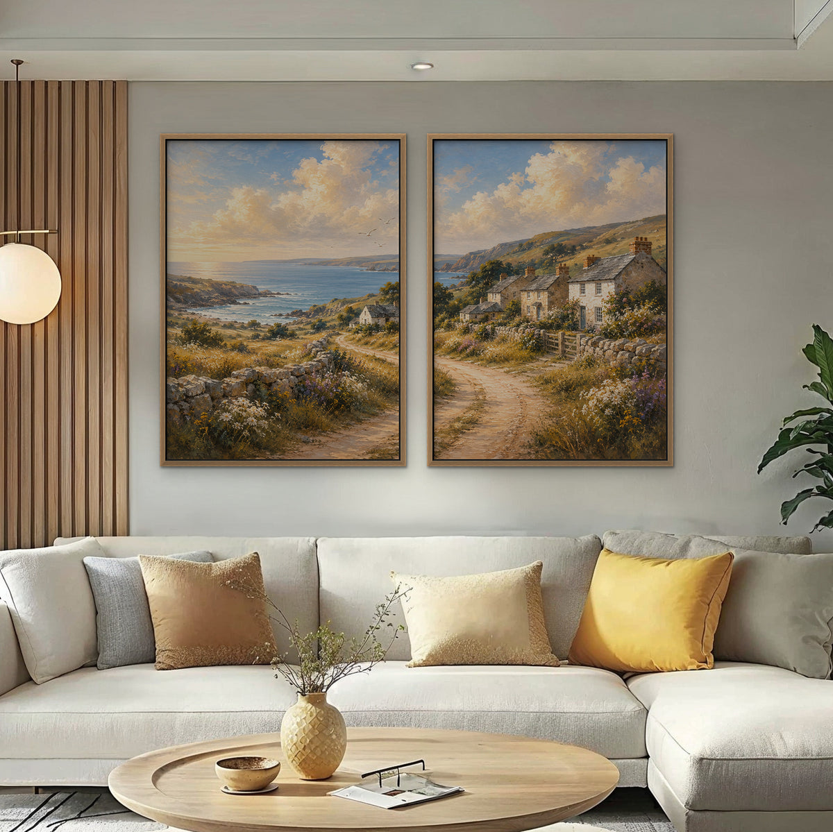 Seaside Cottage Lane Canvas Art – set of 2 vertical coastal village landscape prints in an oak floating frame in a bright living room
