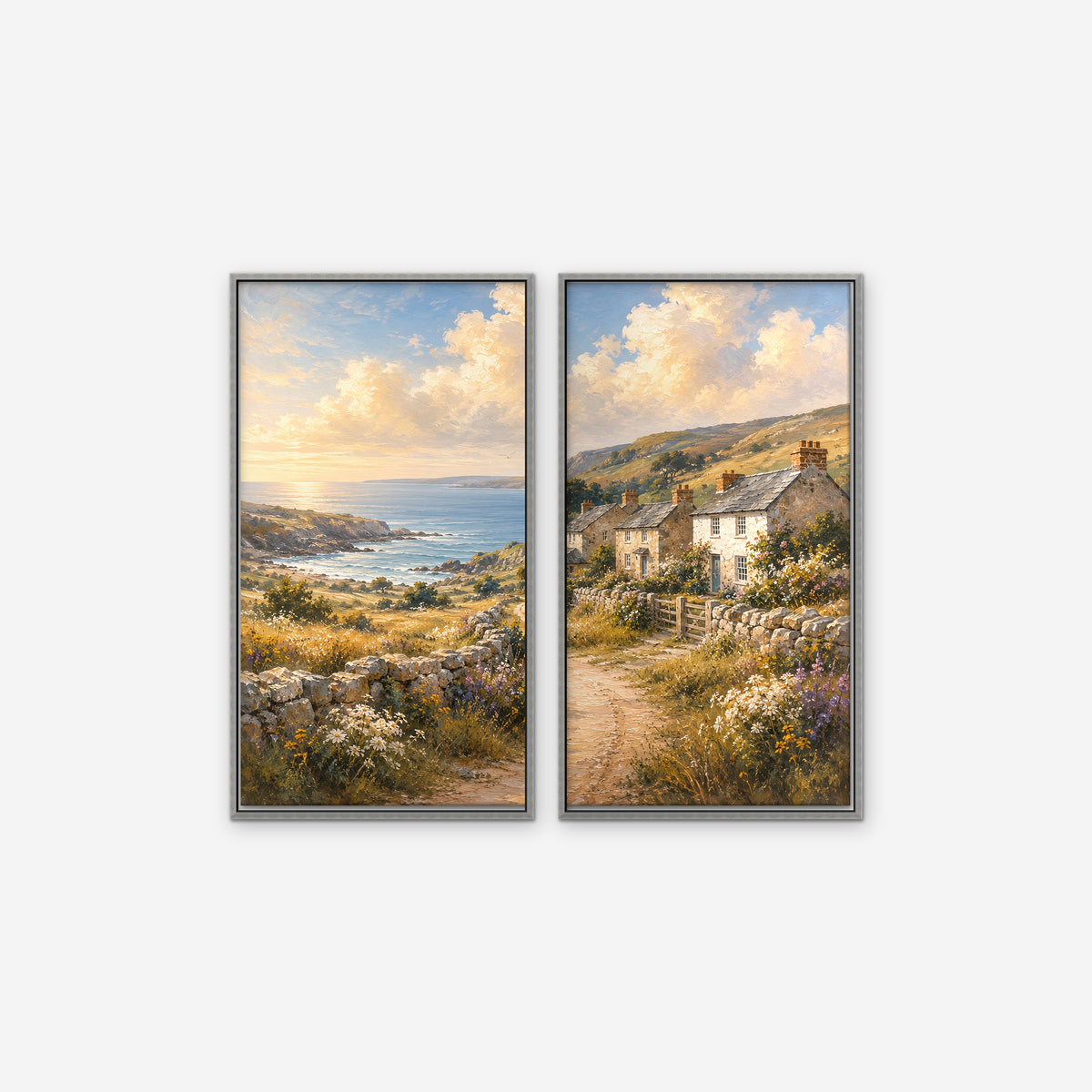 Seaside Cottage Lane Canvas Art - Set of 2 – Silver Floating Frame on white background