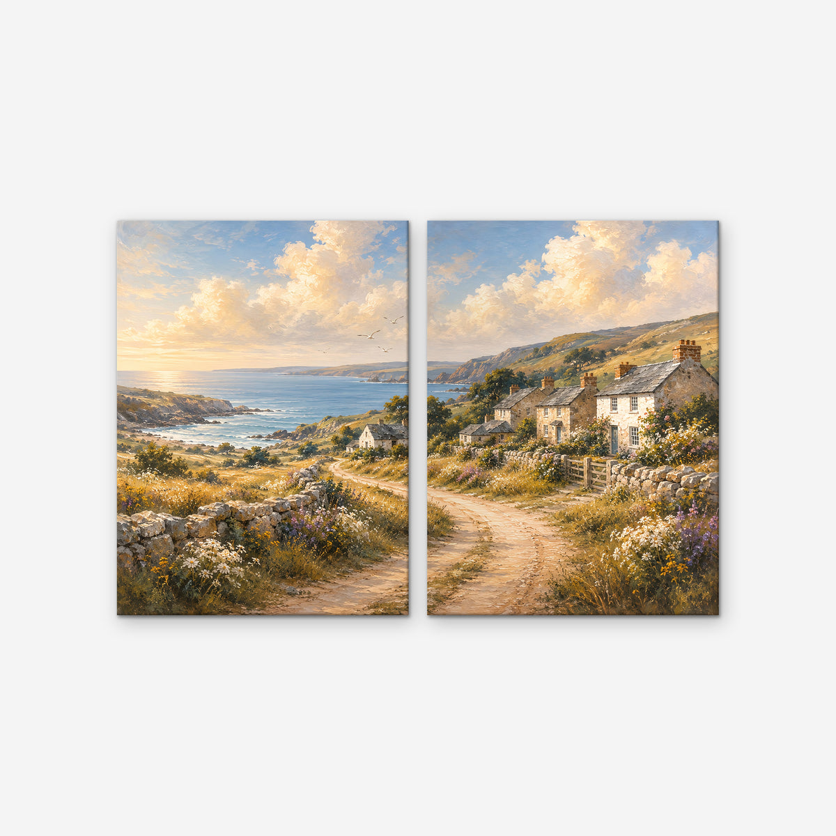 Seaside Cottage Lane Canvas Art – set of 2 vertical coastal village landscape prints as a gallery-wrapped canvas on a white background