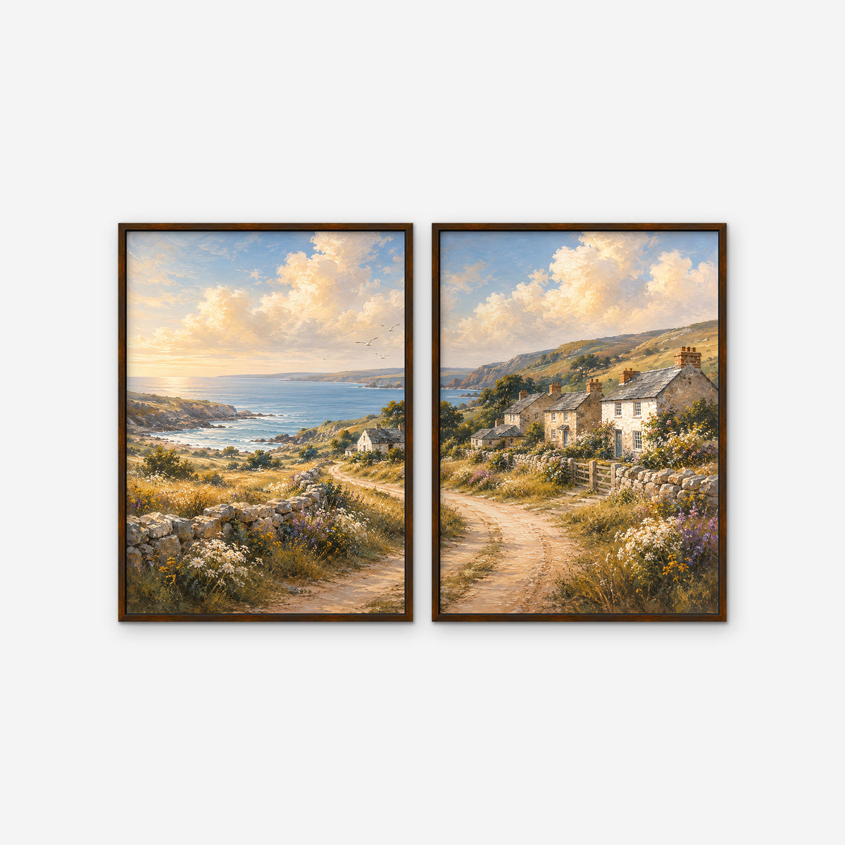 Seaside Cottage Lane Canvas Art – set of 2 vertical coastal village landscape prints in a walnut floating frame on a white background