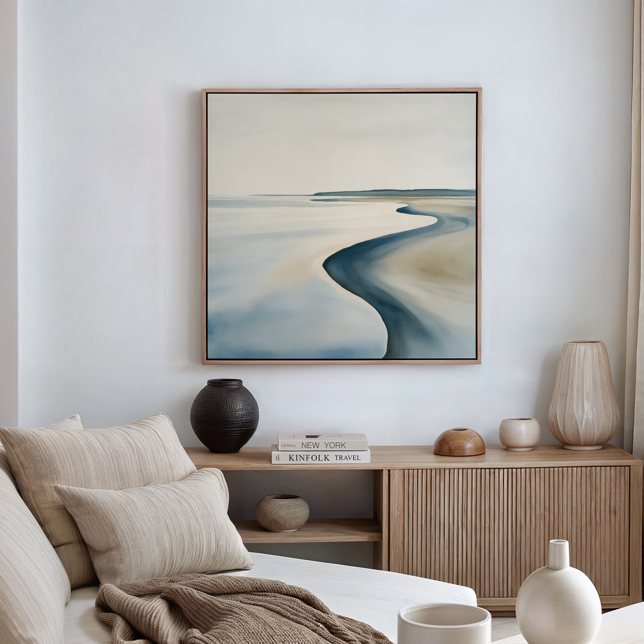 Whispers of the Low Tide – blue coastal canvas wall art print by Aspire Prints
