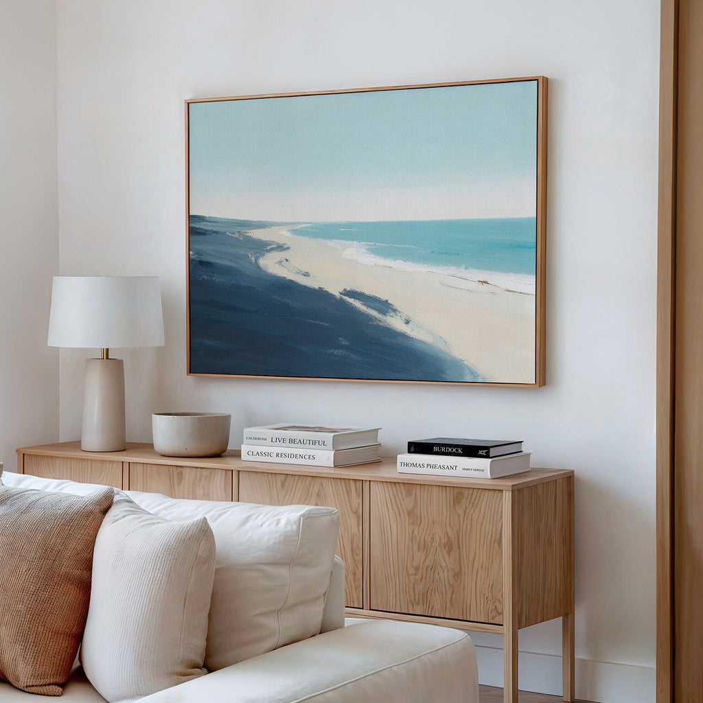 Whispering Shoreline – blue coastal canvas wall art print by Aspire Prints