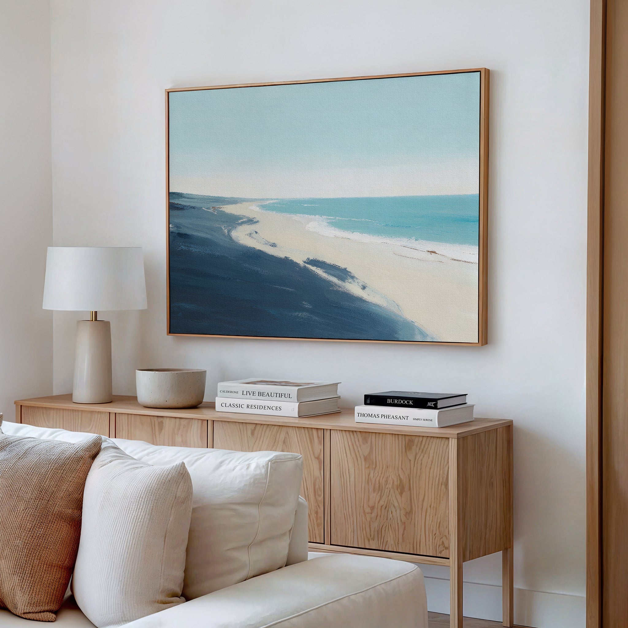 Whispering Shoreline – blue coastal canvas wall art print by Aspire Prints