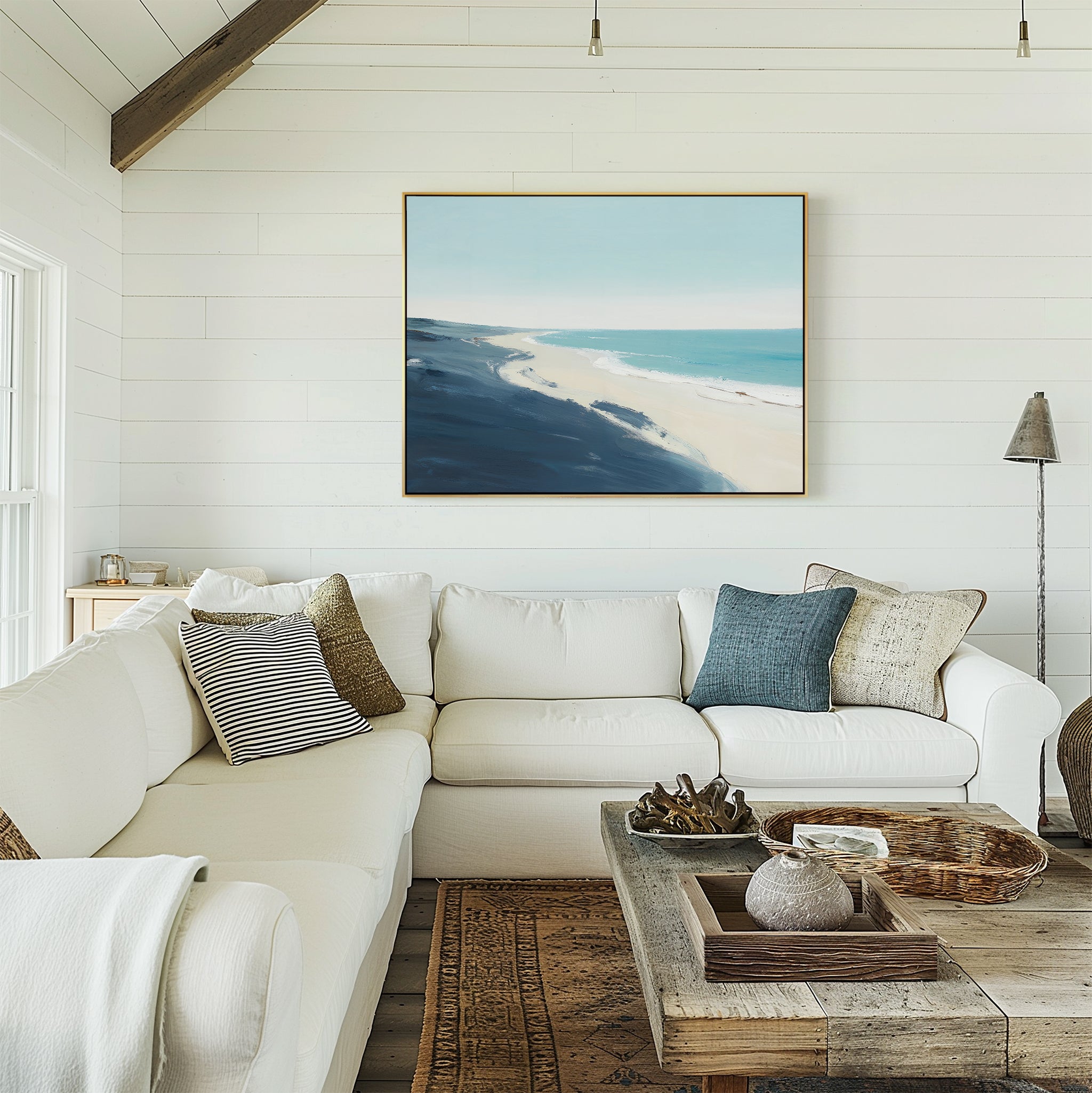 Whispering Shoreline – blue coastal canvas wall art print by Aspire Prints