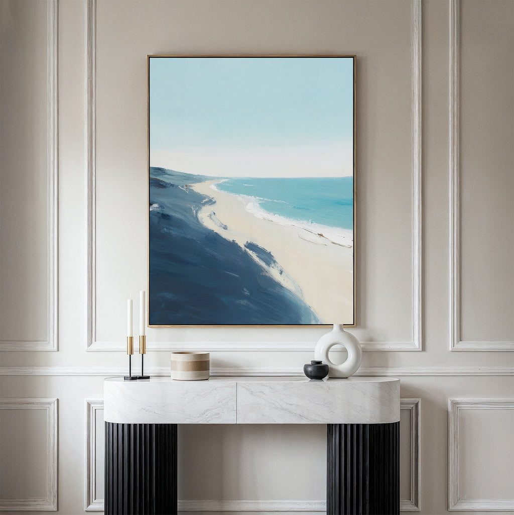 Whispering Shore – blue coastal canvas wall art print by Aspire Prints