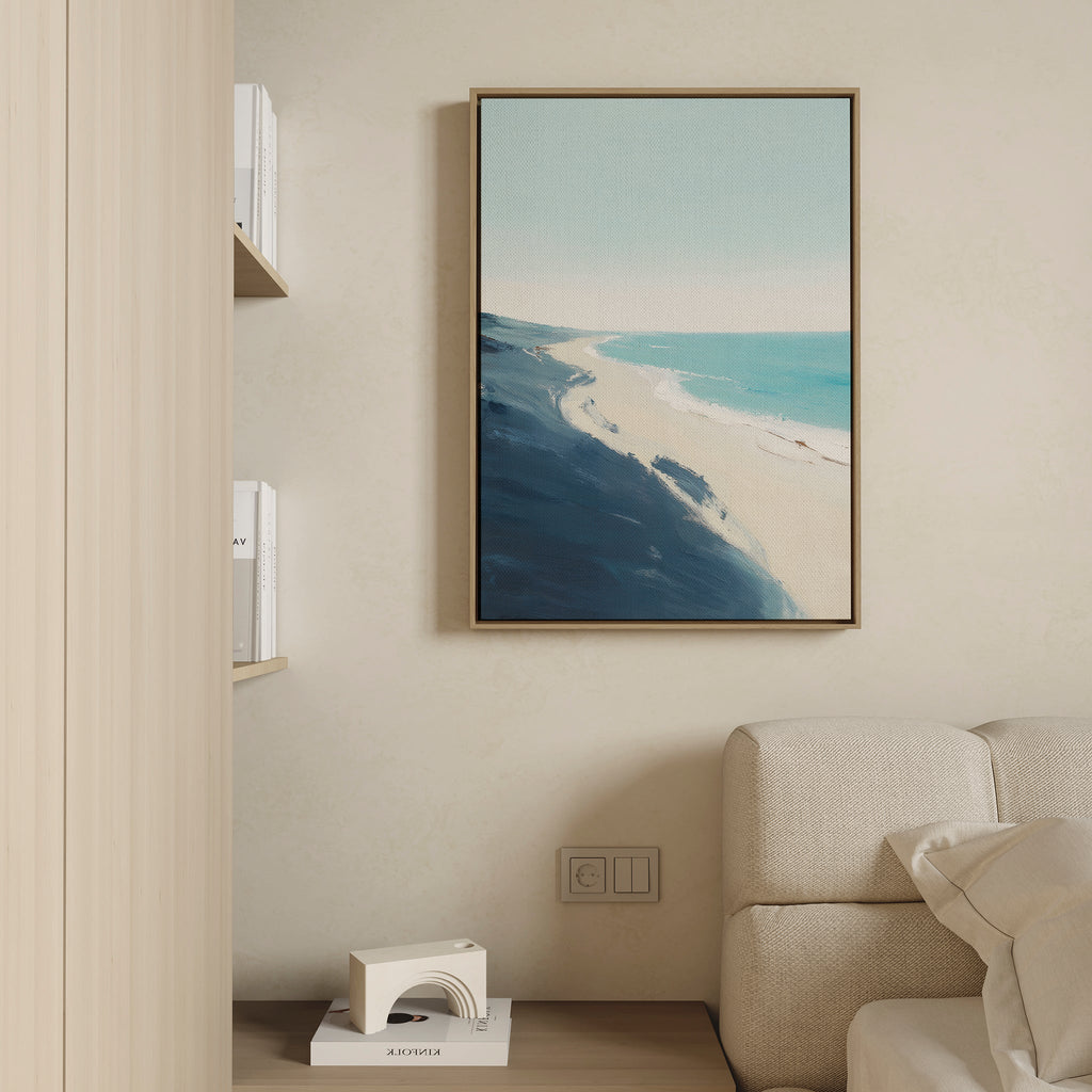 Whispering Shore – blue coastal canvas wall art print by Aspire Prints