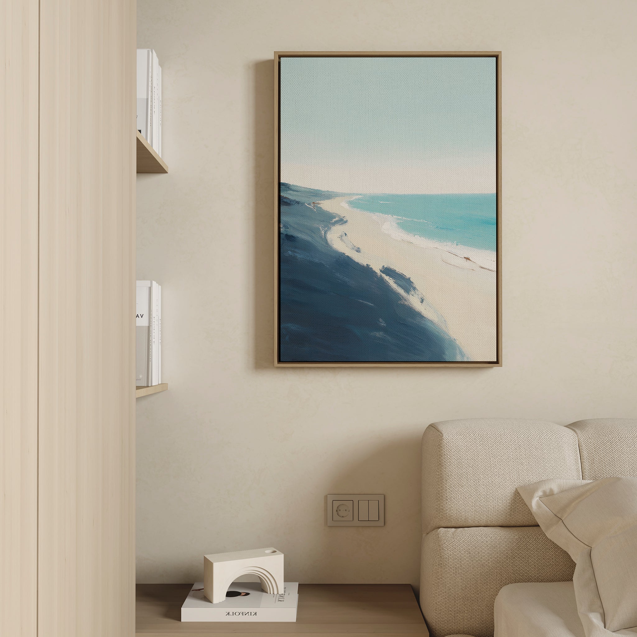 Whispering Shore – blue coastal canvas wall art print by Aspire Prints