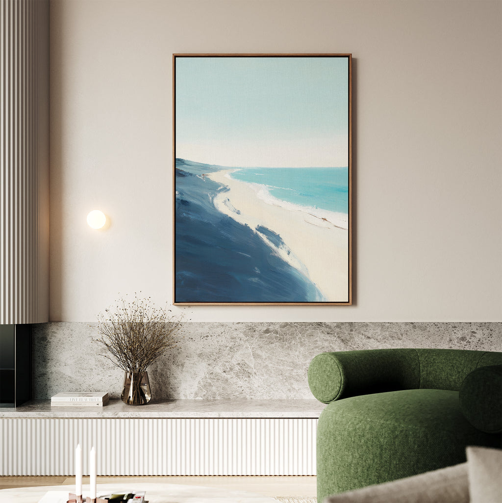 Whispering Shore – blue coastal canvas wall art print by Aspire Prints