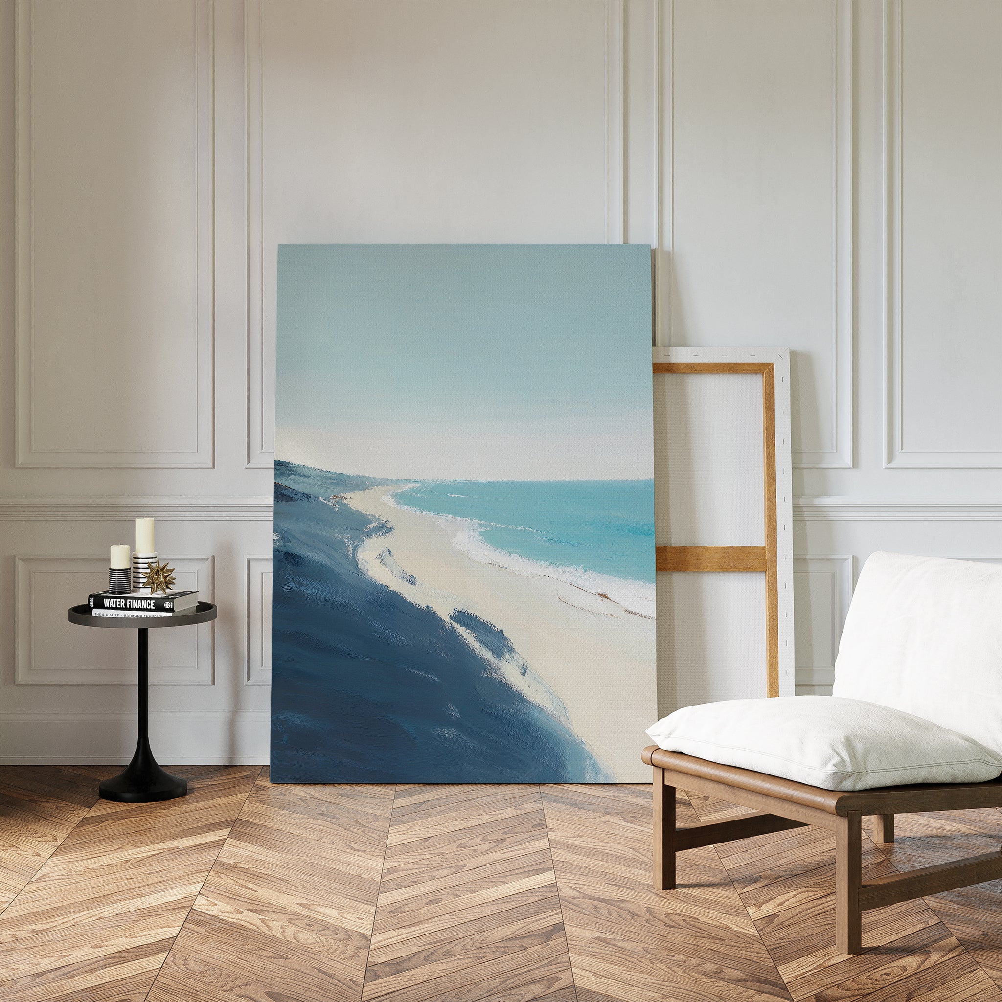 Whispering Shore – blue coastal canvas wall art print by Aspire Prints