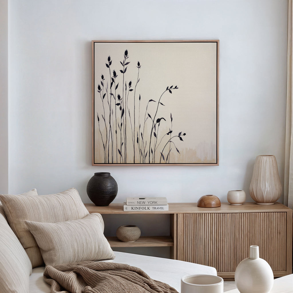 Whispering Wildflowers in Ink – neutral-toned botanical canvas wall art print by Aspire Prints