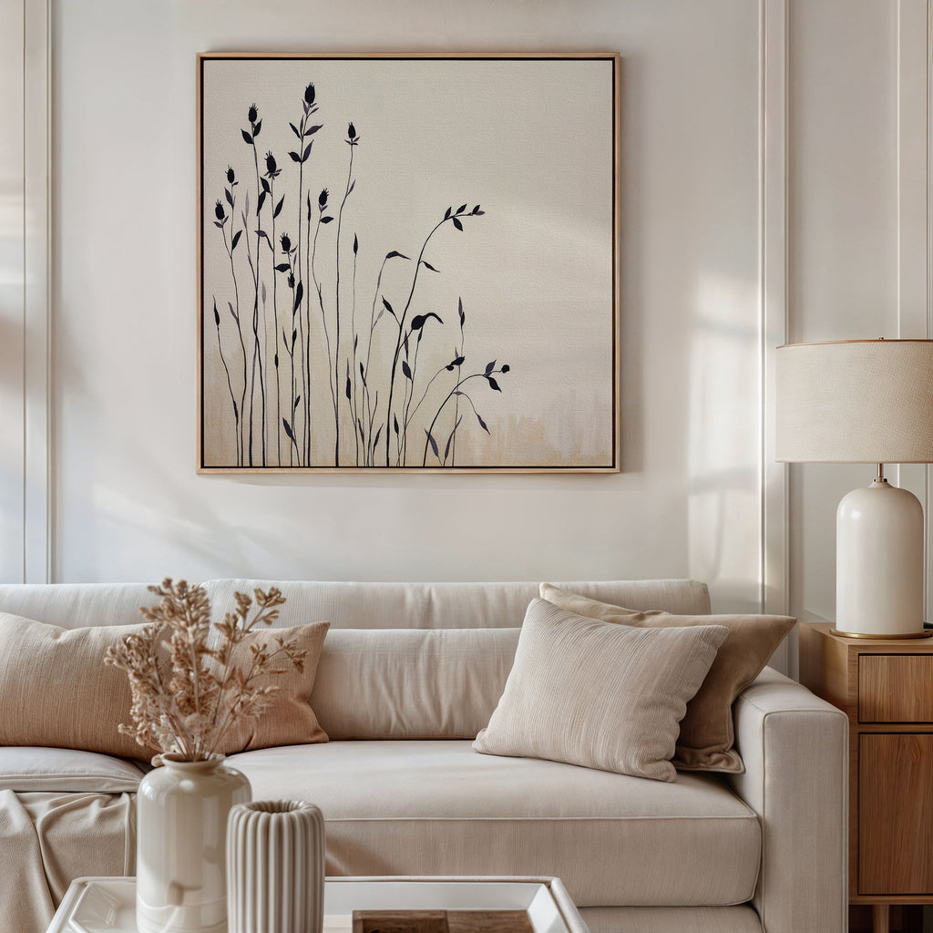 Whispering Wildflowers in Ink – neutral-toned botanical canvas wall art print by Aspire Prints