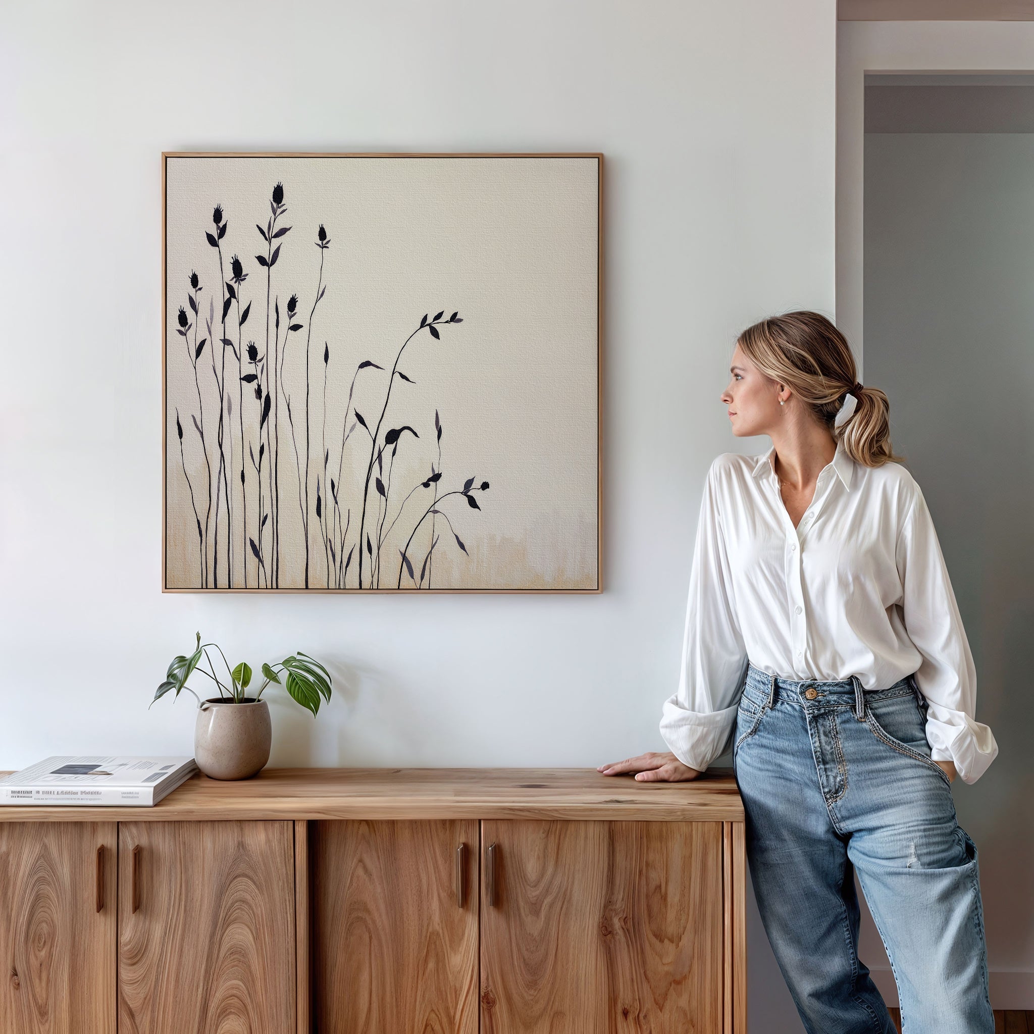 Whispering Wildflowers in Ink – neutral-toned botanical canvas wall art print by Aspire Prints