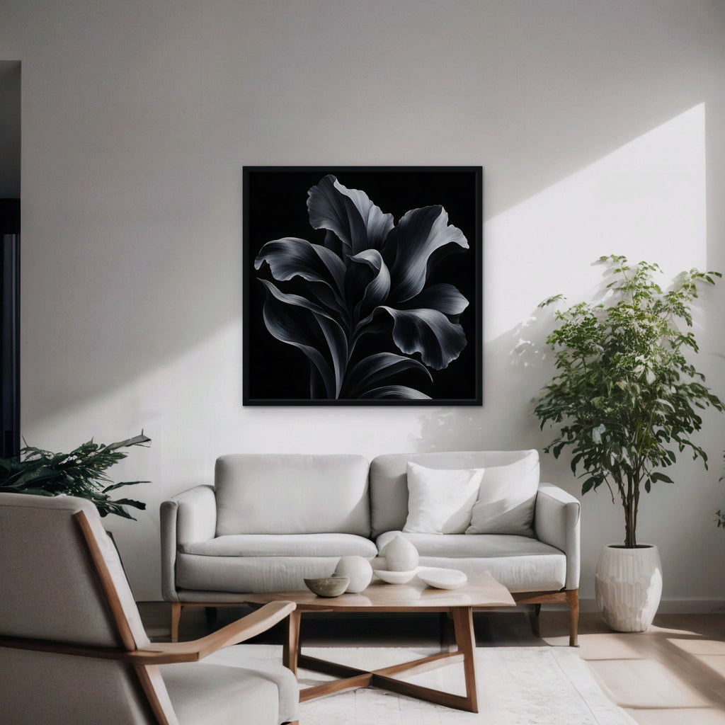 Silver Iris Canvas Art - Square – Black Floating Frame in room setting