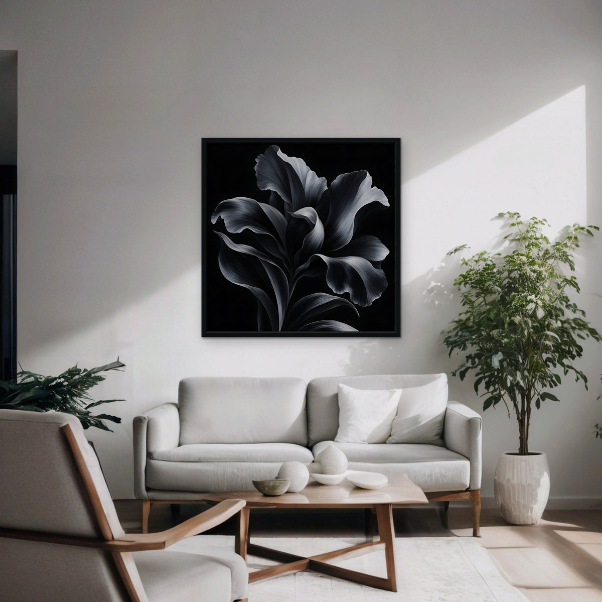 Silver Iris Canvas Art - Square – Black Floating Frame in room setting