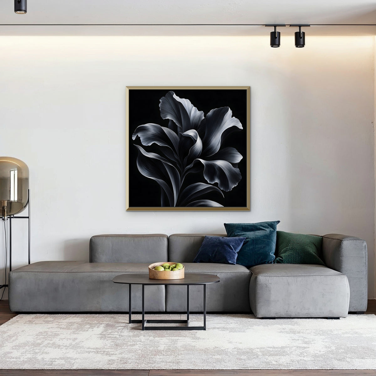 Silver Iris Canvas Art - Square – Gold Floating Frame in room setting