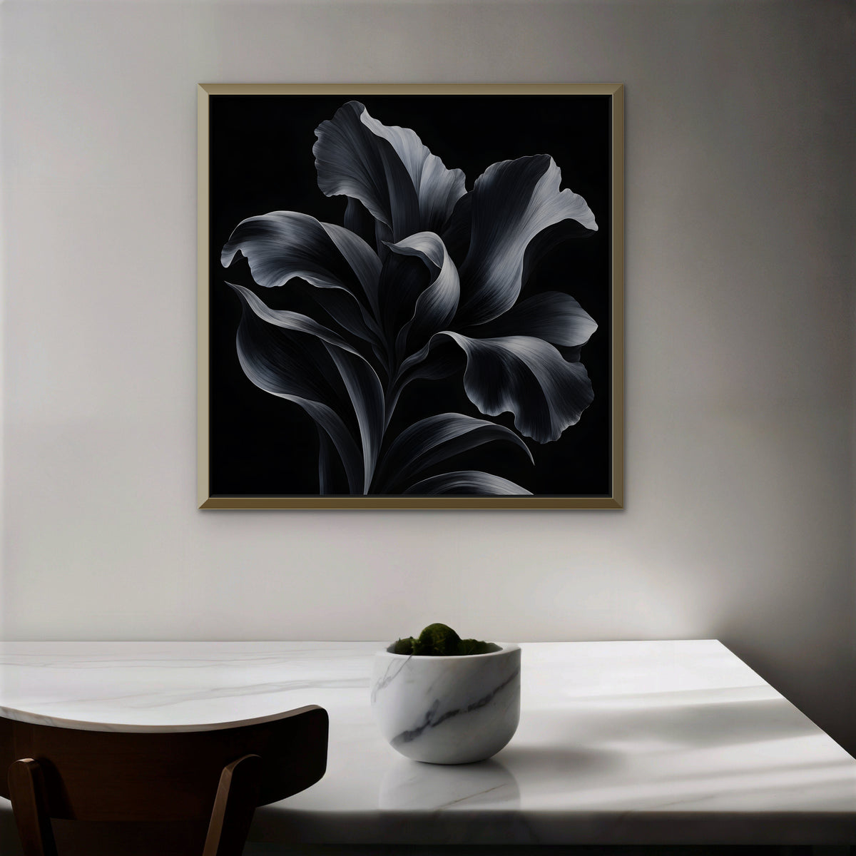 Silver Iris Canvas Art - Square – Gold Floating Frame in room setting