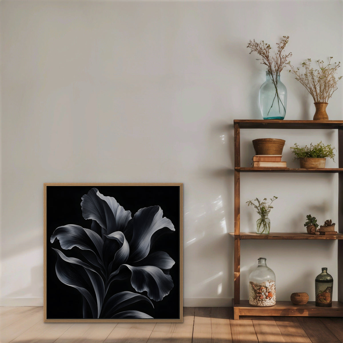 Silver Iris Canvas Art - Square – Oak Floating Frame in room setting