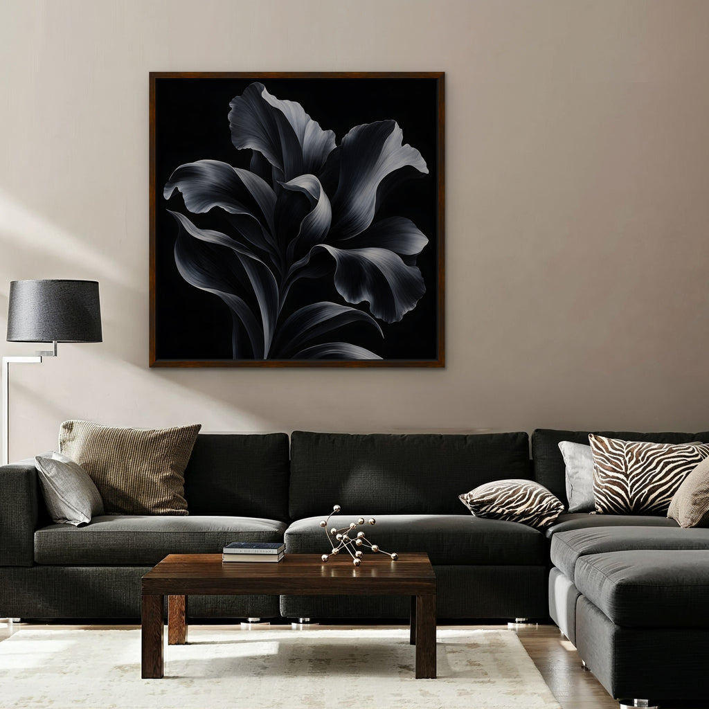 Silver Iris Canvas Art - Square – Walnut Floating Frame in room setting