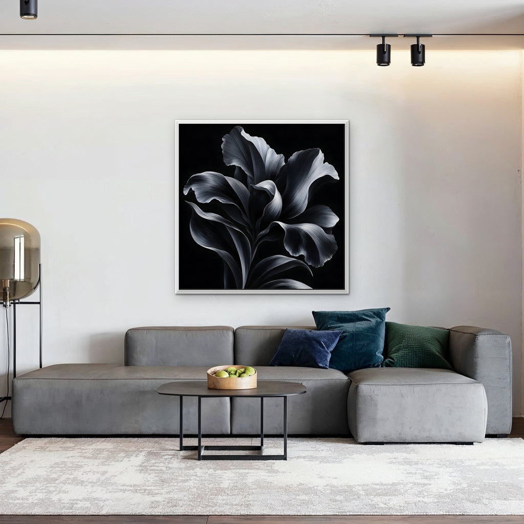 Silver Iris Canvas Art - Square – White Floating Frame in room setting