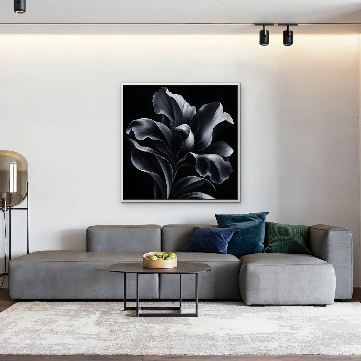 Silver Iris Canvas Art - Square – White Floating Frame in room setting