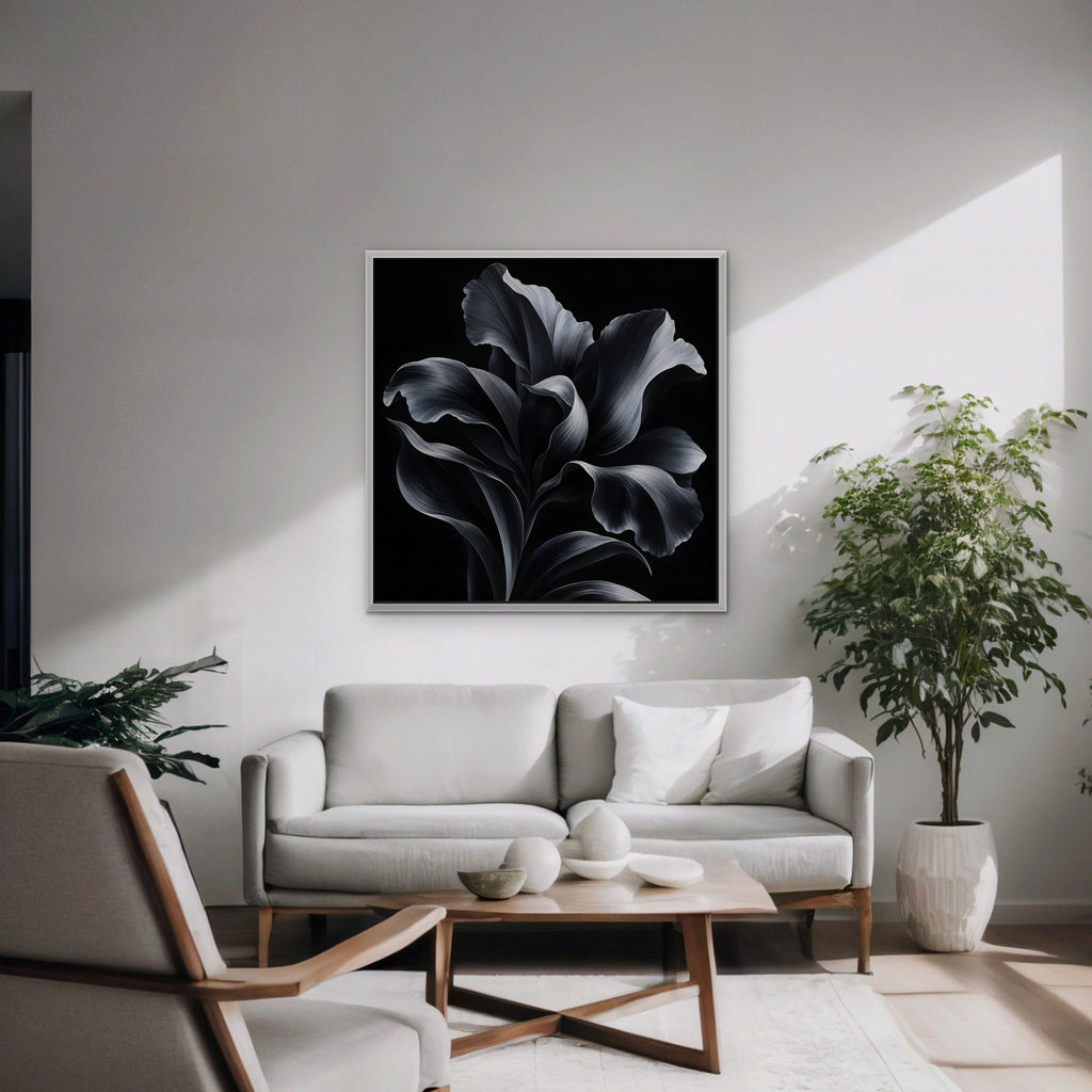 Silver Iris Canvas Art - Square – White Floating Frame in room setting