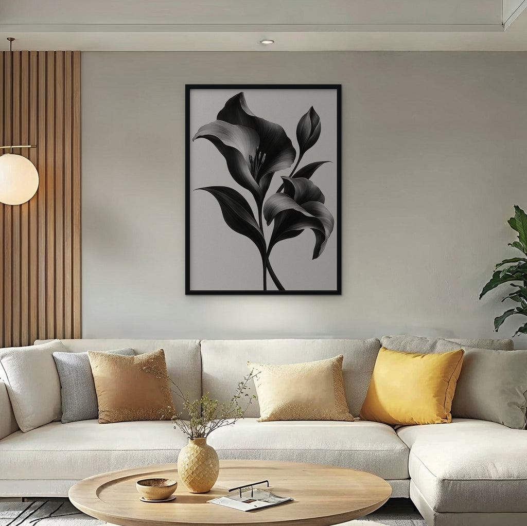 Silver Lilies Canvas Art - Vertical – Black Floating Frame in room setting