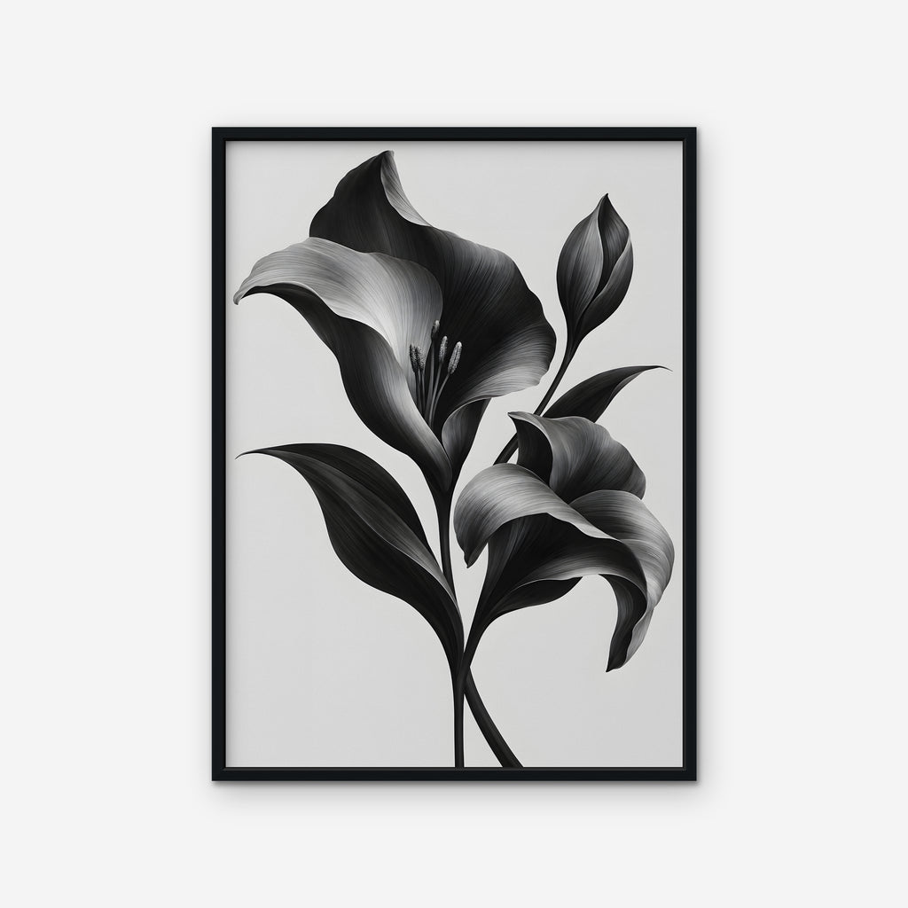 Silver Lilies Canvas Art - Vertical – Black Floating Frame on white background