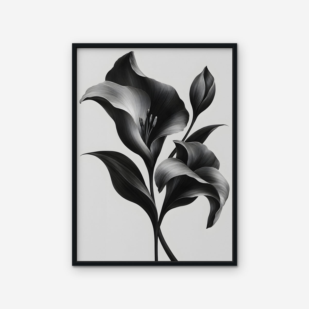 Silver Lilies Canvas Art - Vertical – Black Floating Frame on white background