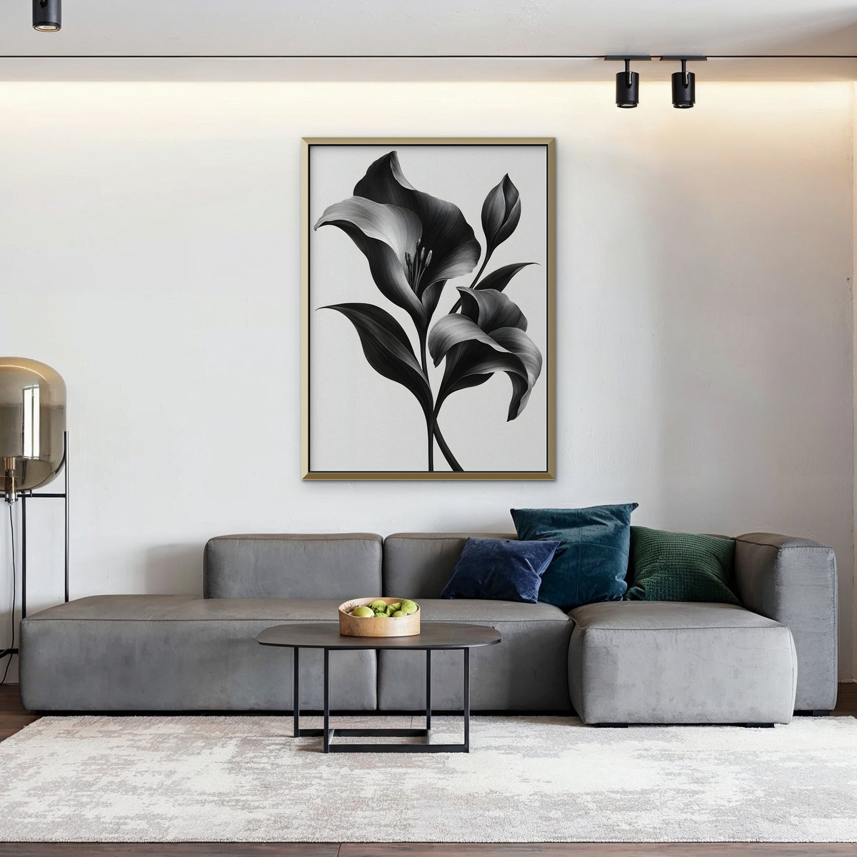 Silver Lilies Canvas Art - Vertical – Gold Floating Frame in room setting