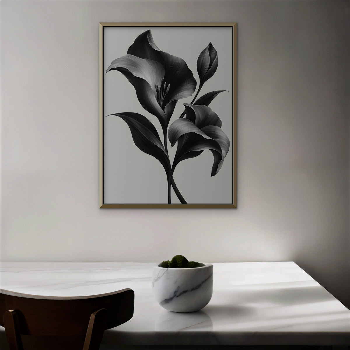 Silver Lilies Canvas Art - Vertical – Gold Floating Frame in room setting
