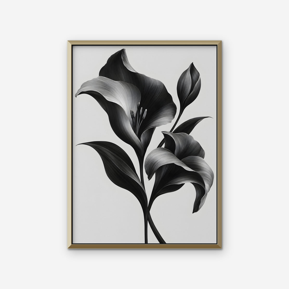 Silver Lilies Canvas Art - Vertical – Gold Floating Frame on white background