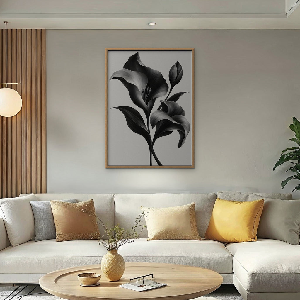 Silver Lilies Canvas Art - Vertical – Oak Floating Frame in room setting
