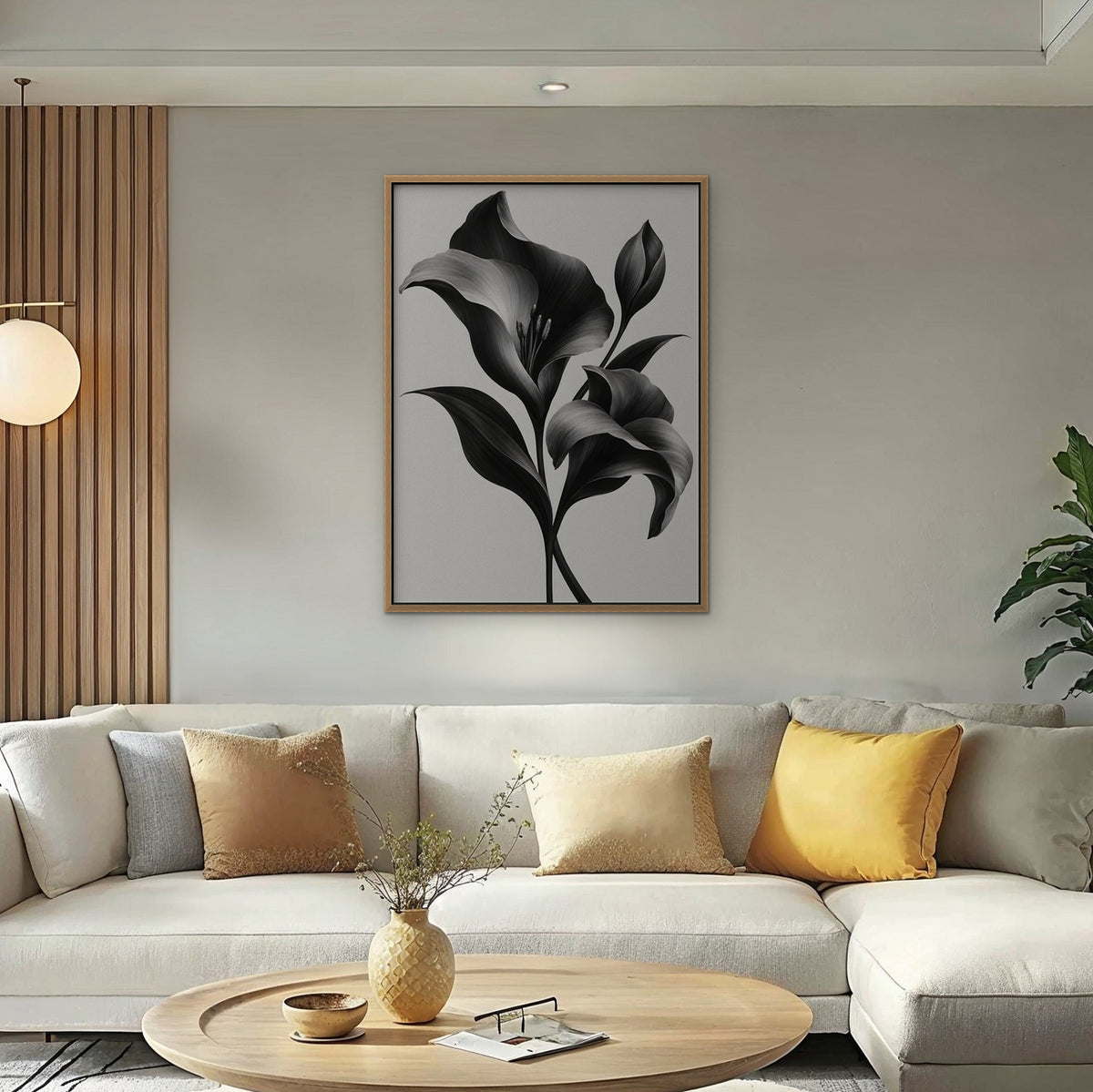 Silver Lilies Canvas Art - Vertical – Oak Floating Frame in room setting