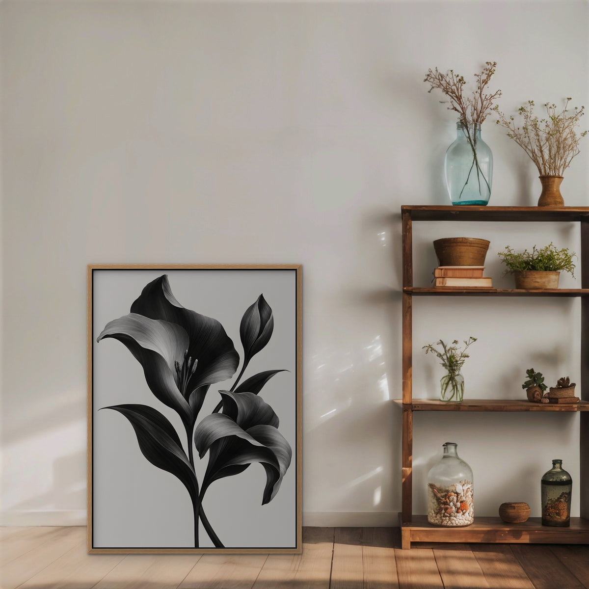 Silver Lilies Canvas Art - Vertical – Oak Floating Frame in room setting