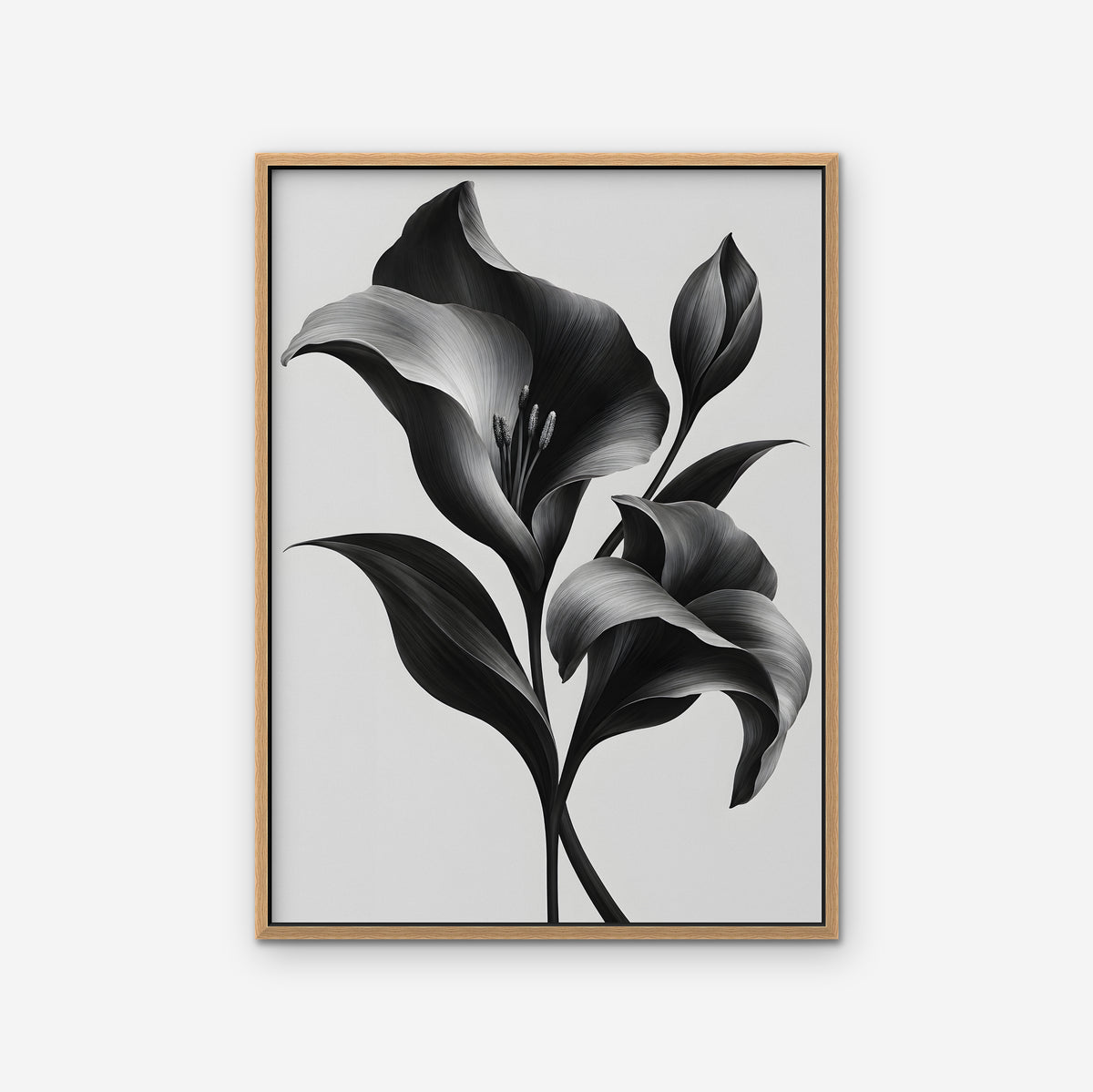Silver Lilies Canvas Art - Vertical – Oak Floating Frame on white background