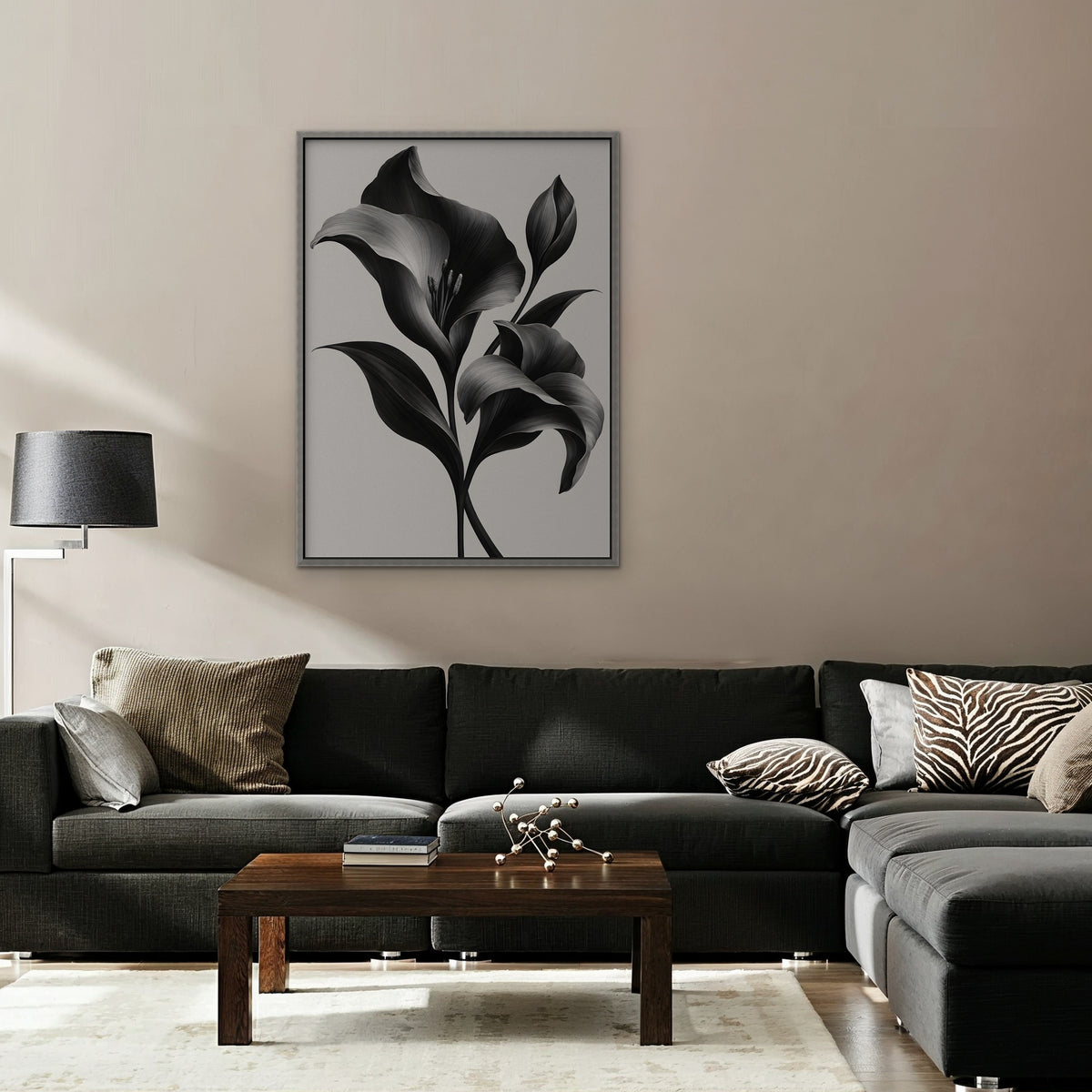 Silver Lilies Canvas Art - Vertical – Silver Floating Frame in room setting