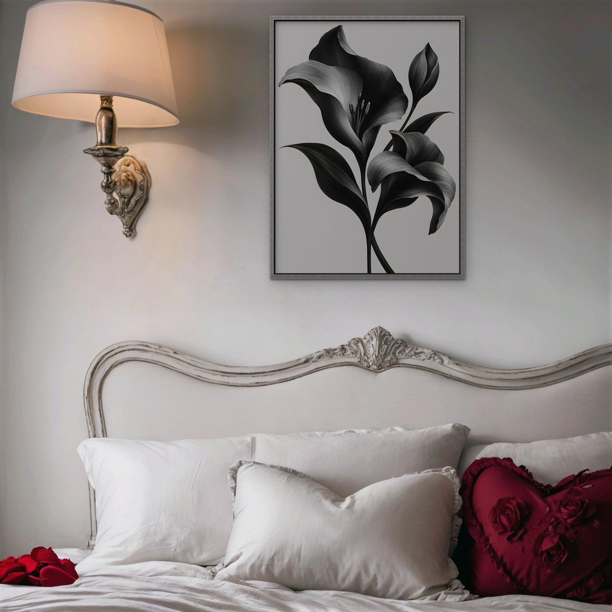 Silver Lilies Canvas Art - Vertical – Silver Floating Frame in room setting
