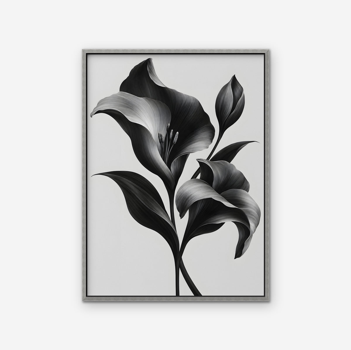 Silver Lilies Canvas Art - Vertical – Silver Floating Frame on white background