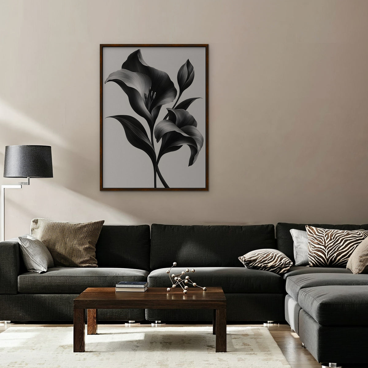 Silver Lilies Canvas Art - Vertical – Walnut Floating Frame in room setting