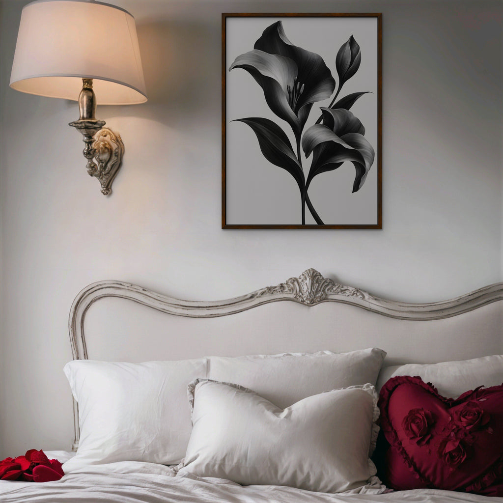 Silver Lilies Canvas Art - Vertical – Walnut Floating Frame in room setting