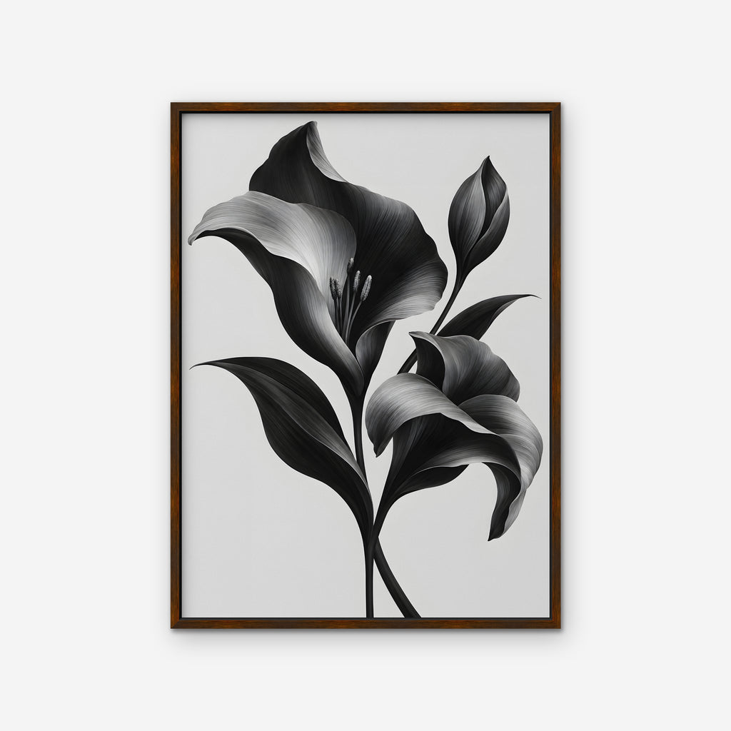 Silver Lilies Canvas Art - Vertical – Walnut Floating Frame on white background
