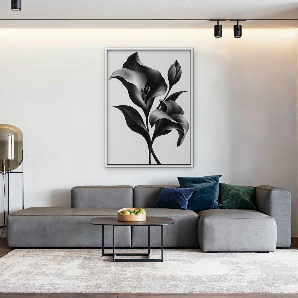 Silver Lilies Canvas Art - Vertical – White Floating Frame in room setting