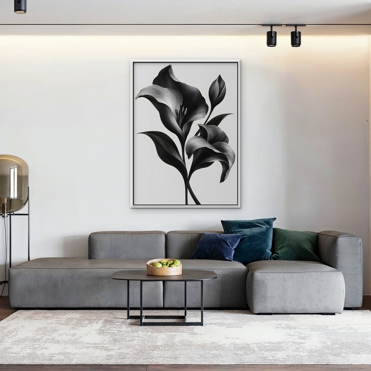 Silver Lilies Canvas Art - Vertical – White Floating Frame in room setting