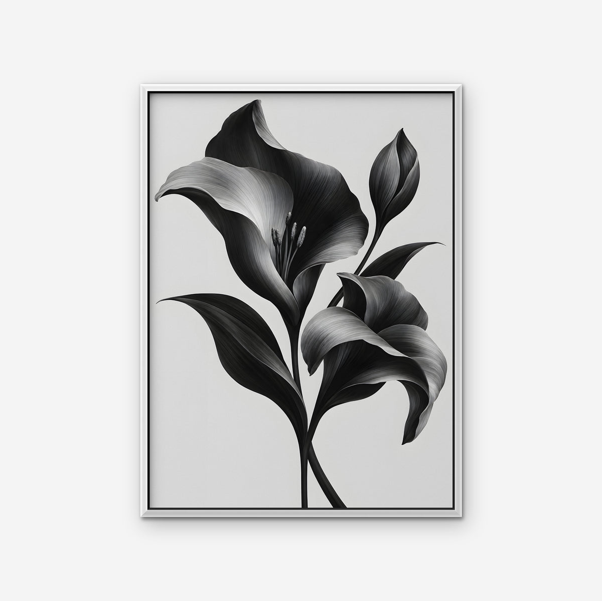 Silver Lilies Canvas Art - Vertical – White Floating Frame on white background