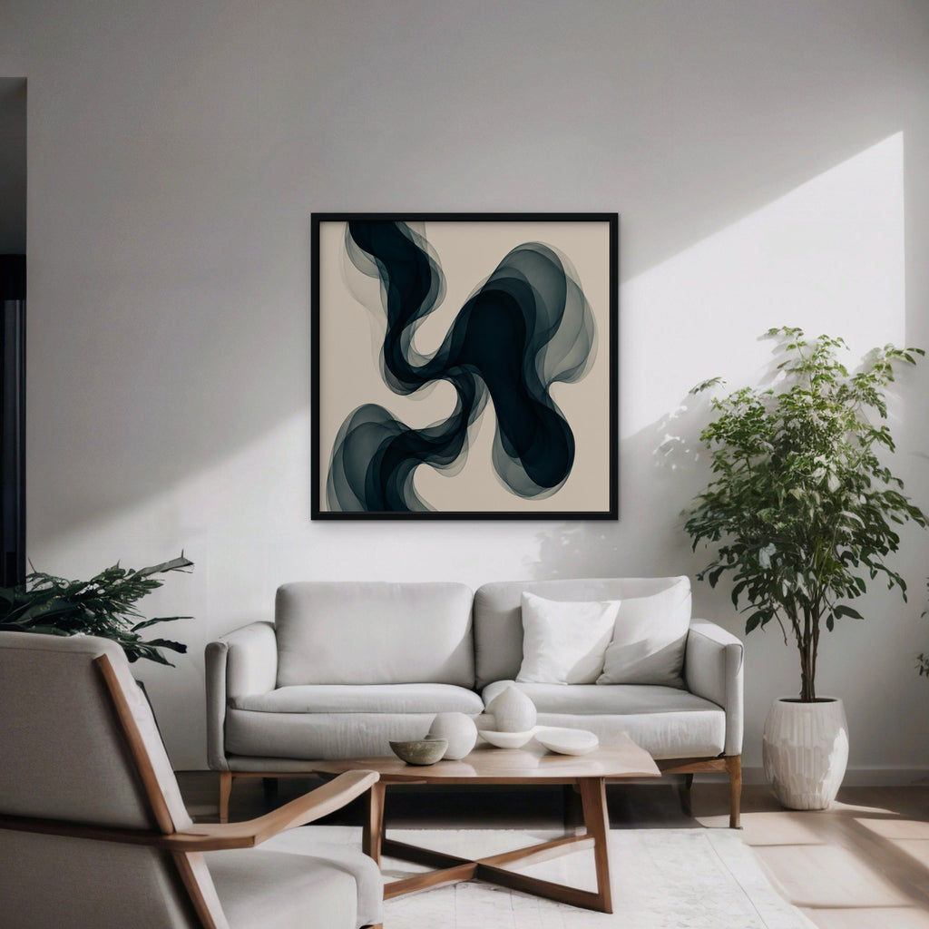 Smoky Teal Drift Canvas Art – square navy and teal abstract print in a black floating frame in a modern living room
