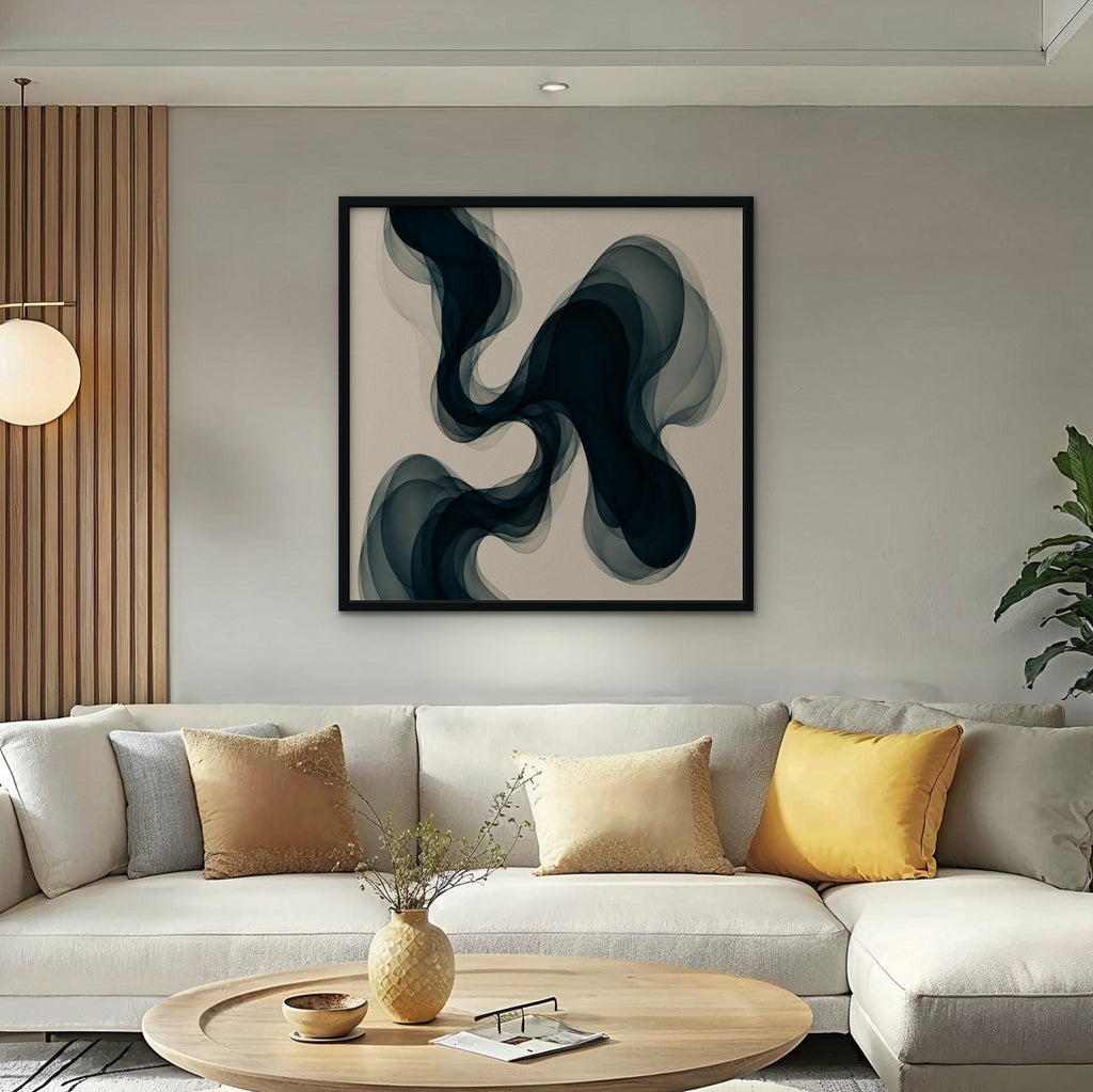 Smoky Teal Drift Canvas Art – square navy and teal abstract print in a black floating frame in a bright living room