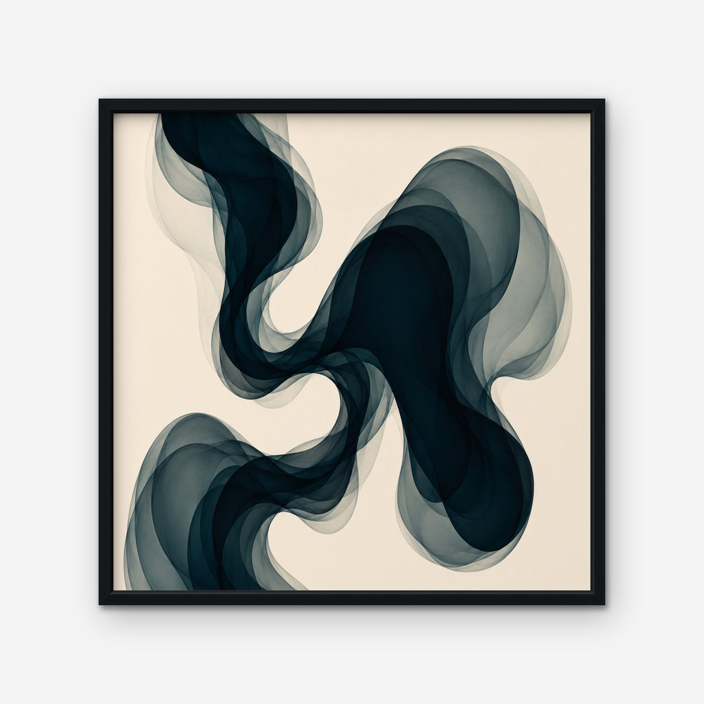 Smoky Teal Drift Canvas Art – square navy and teal abstract print in a black floating frame on a white background